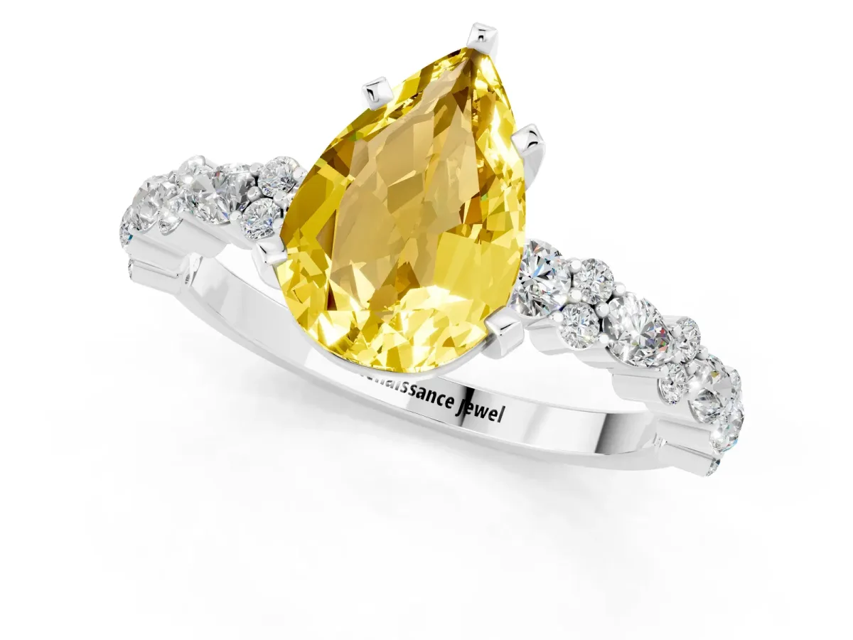 Pear Cut Yellow Sapphire Side Stone Solitaire Ring with Round and Four-Prong Setting Platinum
