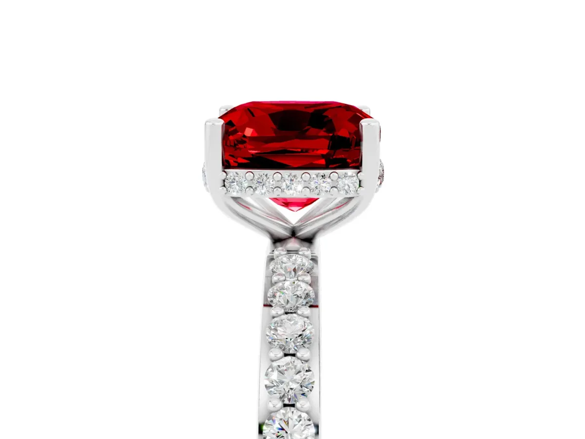 Cushion Cut Ruby Solitaire Ring with Pavé Band and Hidden Halo Silver