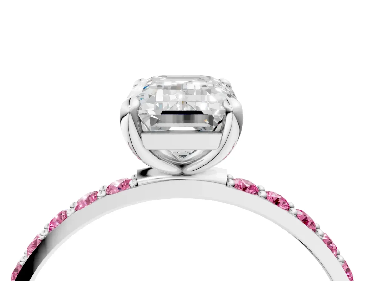 Emerald Cut Diamond Solitaire Ring with Round Pink Sapphire Pavé Band and Prong Setting Silver