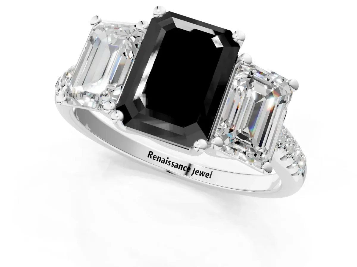 Fancy Black Three-Stone Emerald Cut Diamond Ring with Round Pavé Band and Prong Setting Platinum