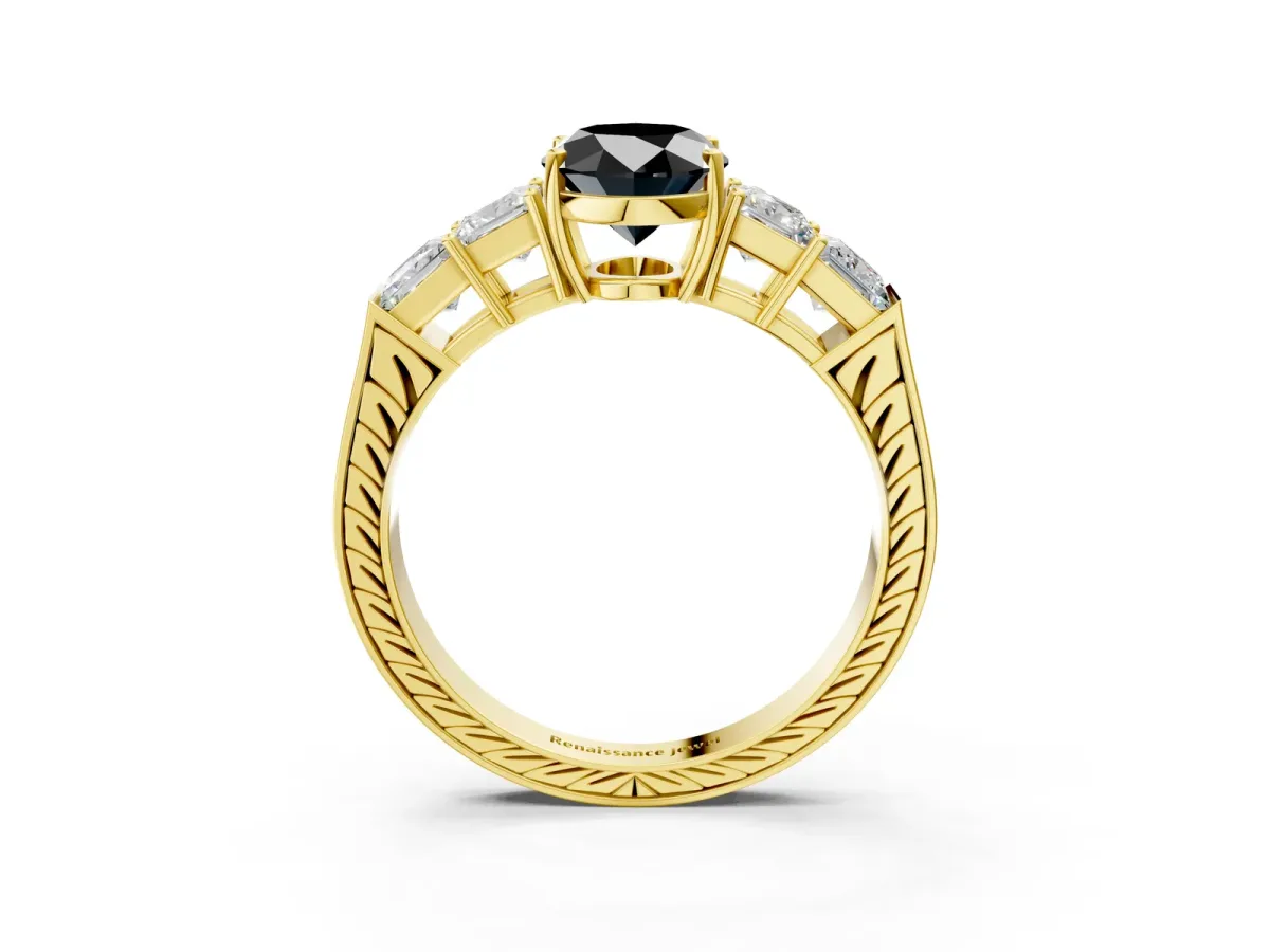 Fancy Black Oval Cut Solitaire Princess Side Stone Engraved Band Prong Setting Ring Yellow gold