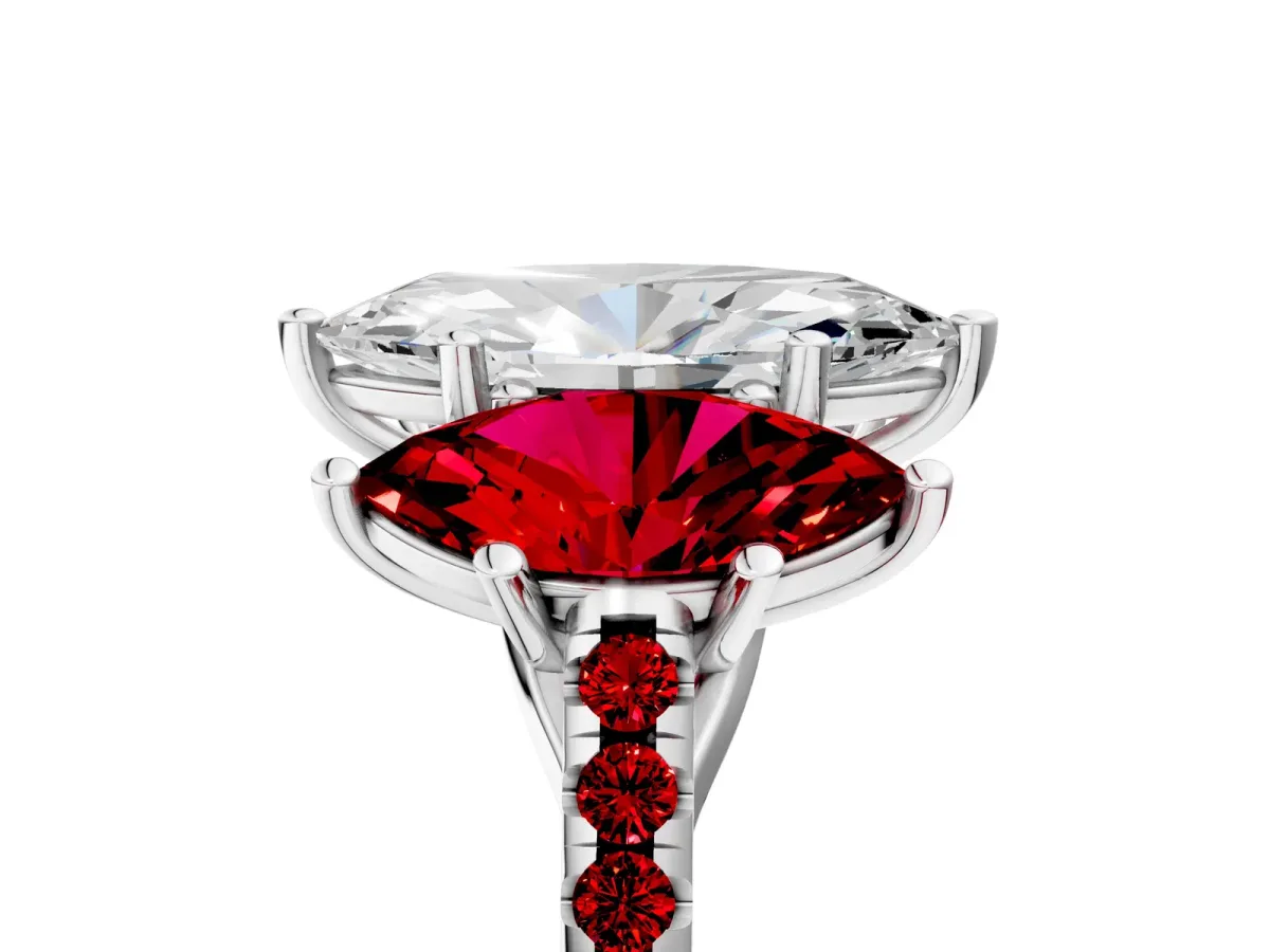Three-Stone Marquise Cut Diamond Ring with Round Ruby Pavé Band and Prong Setting Platinum