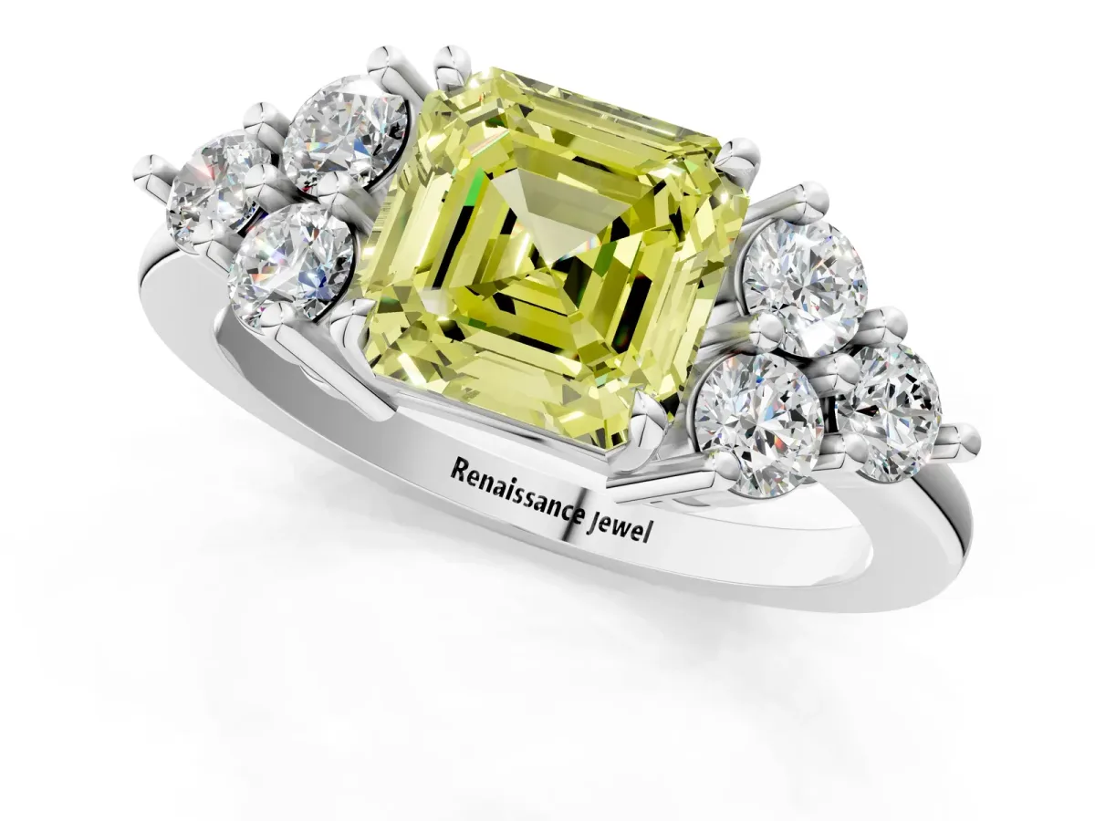 Fancy Yellow Asscher Cut Brilliant Diamond Cluster Accent Solitaire Ring with Prong Setting Platinum