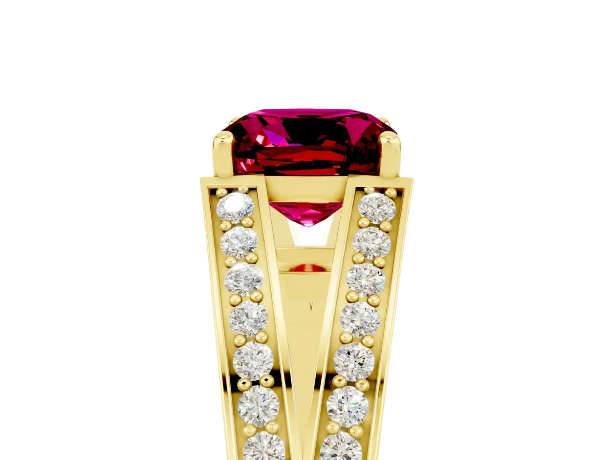 Cushion Cut Garnet Split Shank Ring with Pavé Band and Four-Prong Setting Yellow gold