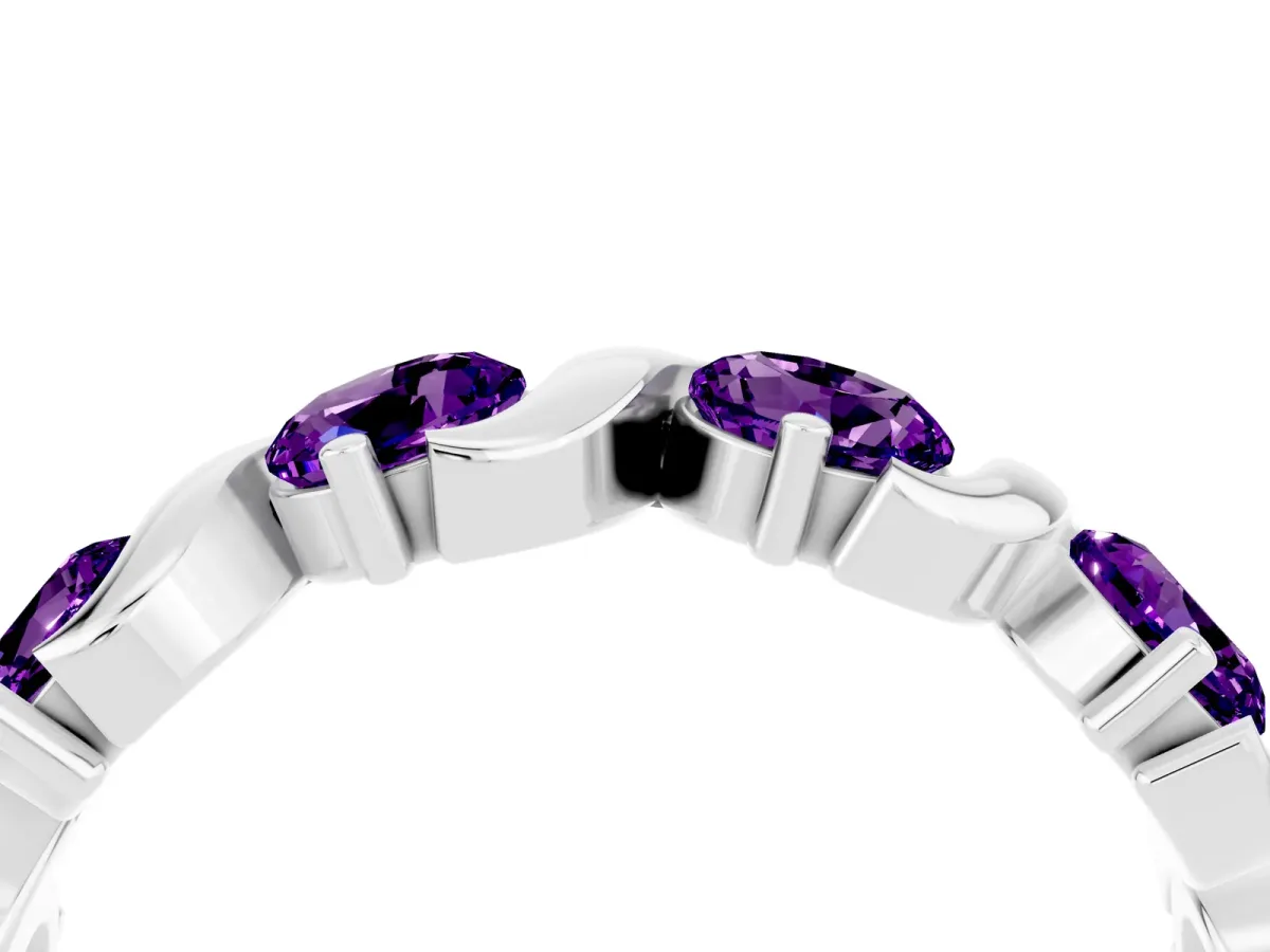 Six-Stone Round Amethyst Wave Band with Shared Prong Setting White gold