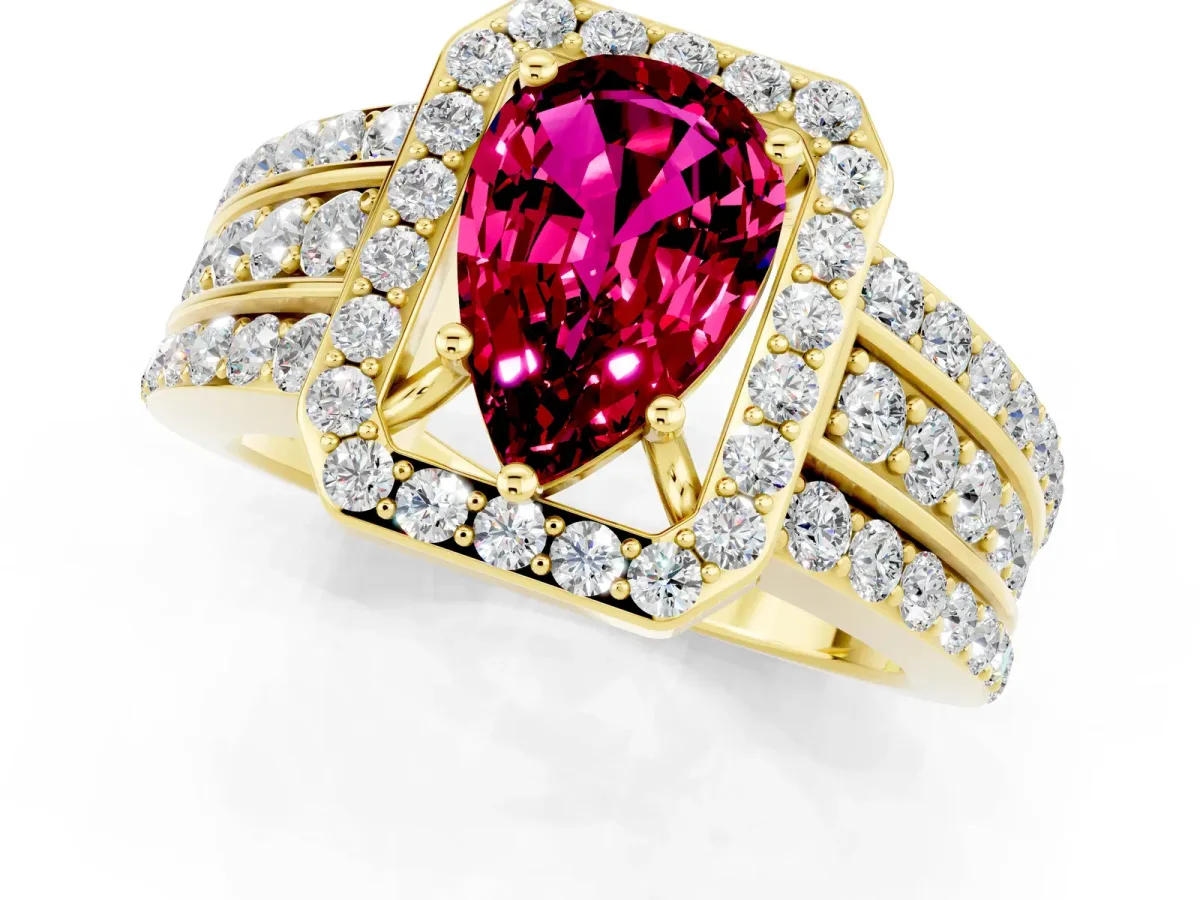 Pear Cut Halo Garnet Ring with Round Split Shank and Prong Setting Yellow gold