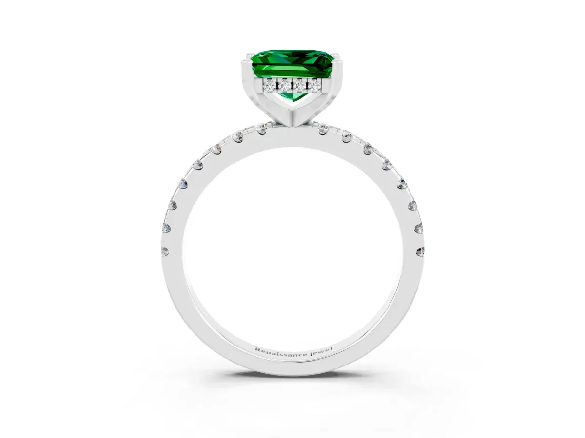 Princess Cut Emerald Solitaire Ring with Round Pavé Band and Four-Prong Setting Silver