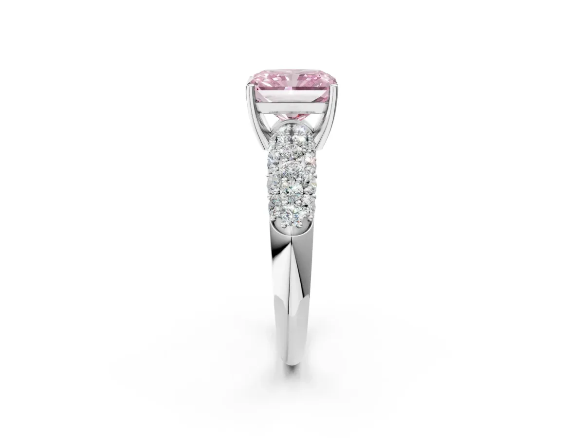 Fancy Pink Radiant Cut Diamond Pavé Band Solitaire Ring with Four-Prong Setting Platinum