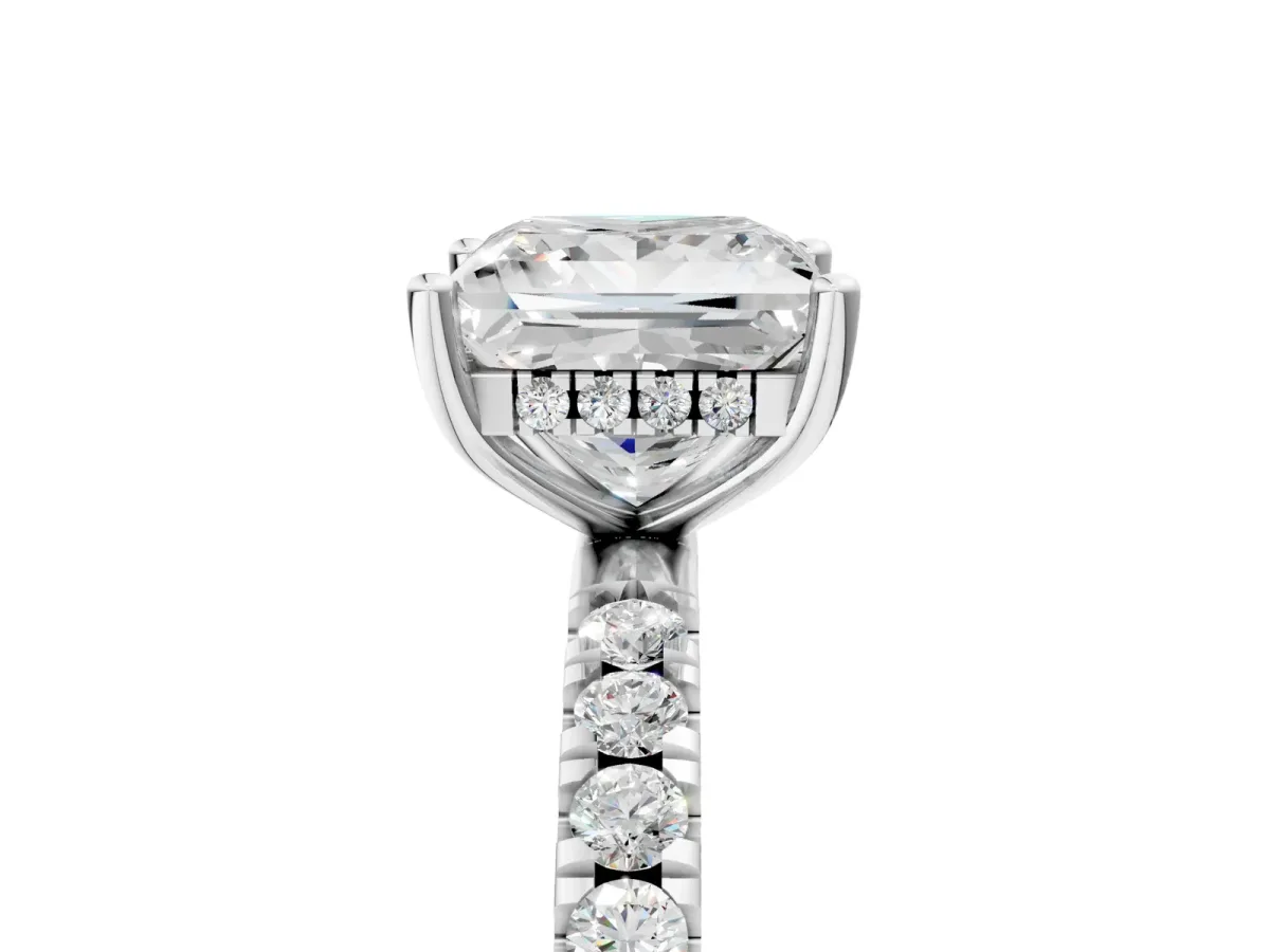 Princess Cut Diamond Pave Band Solitaire Ring with Round Moissanite and Prong Setting Silver