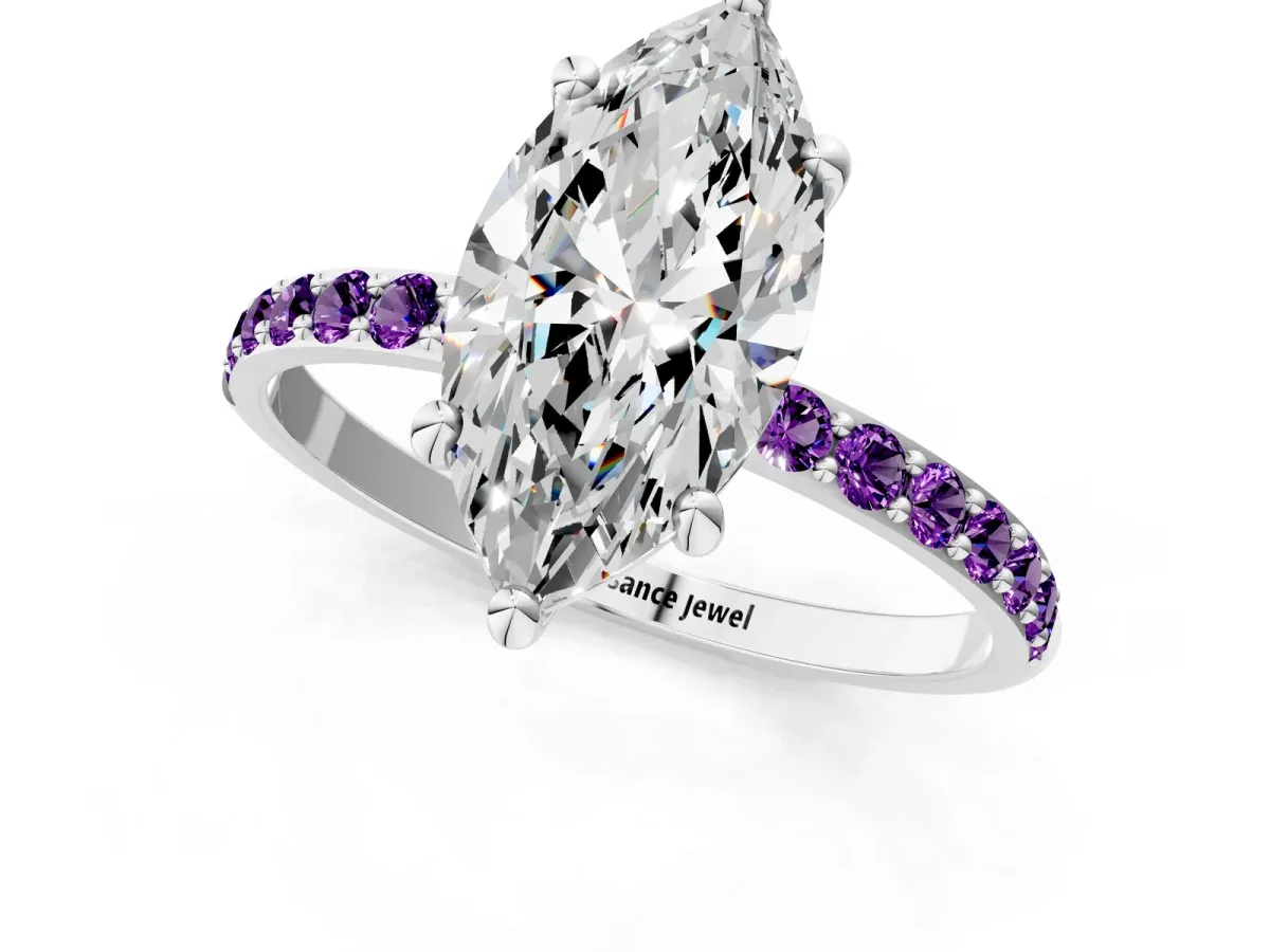 Marquise Cut Diamond Solitaire Ring with Round Amethyst Pavé Band and Prong Setting Silver