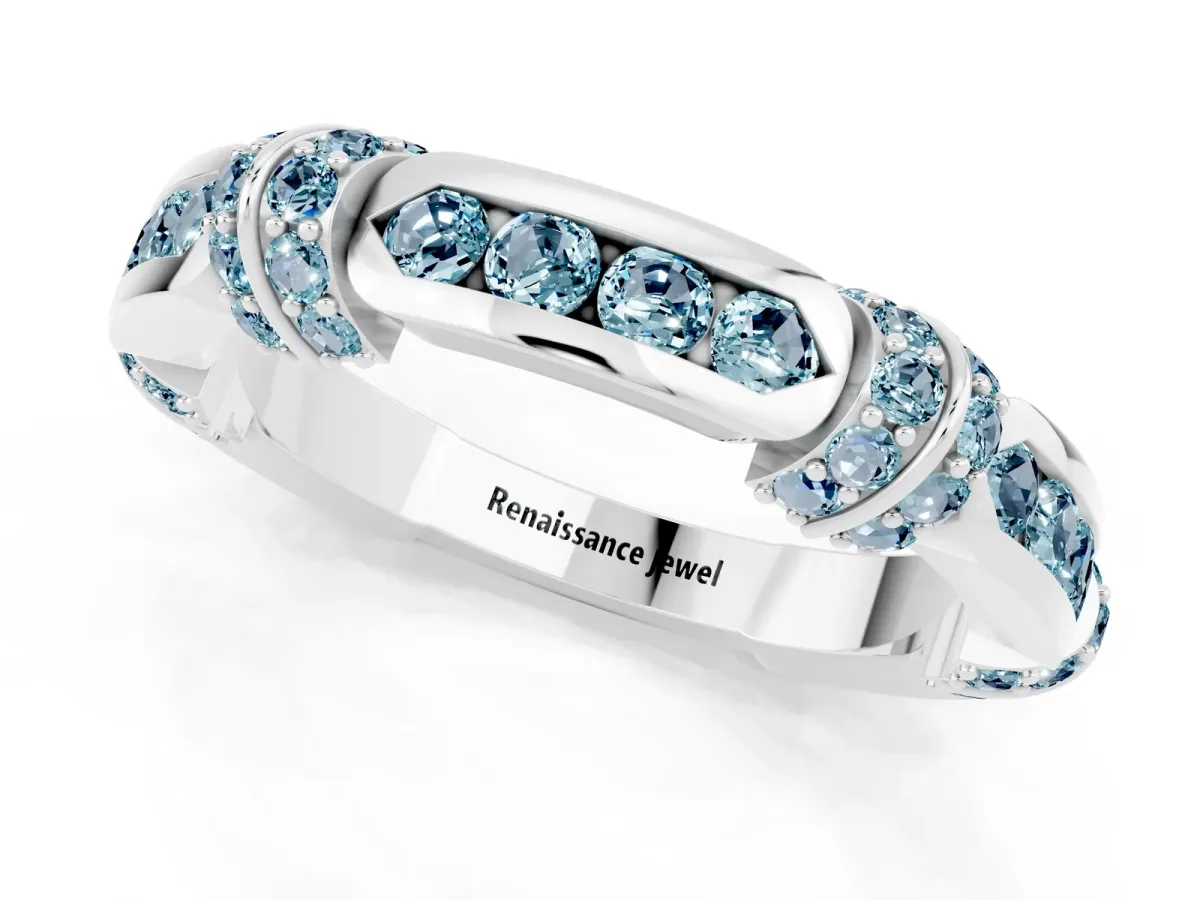 Pavé Round Aquamarine Link Band with Bezel Setting Platinum