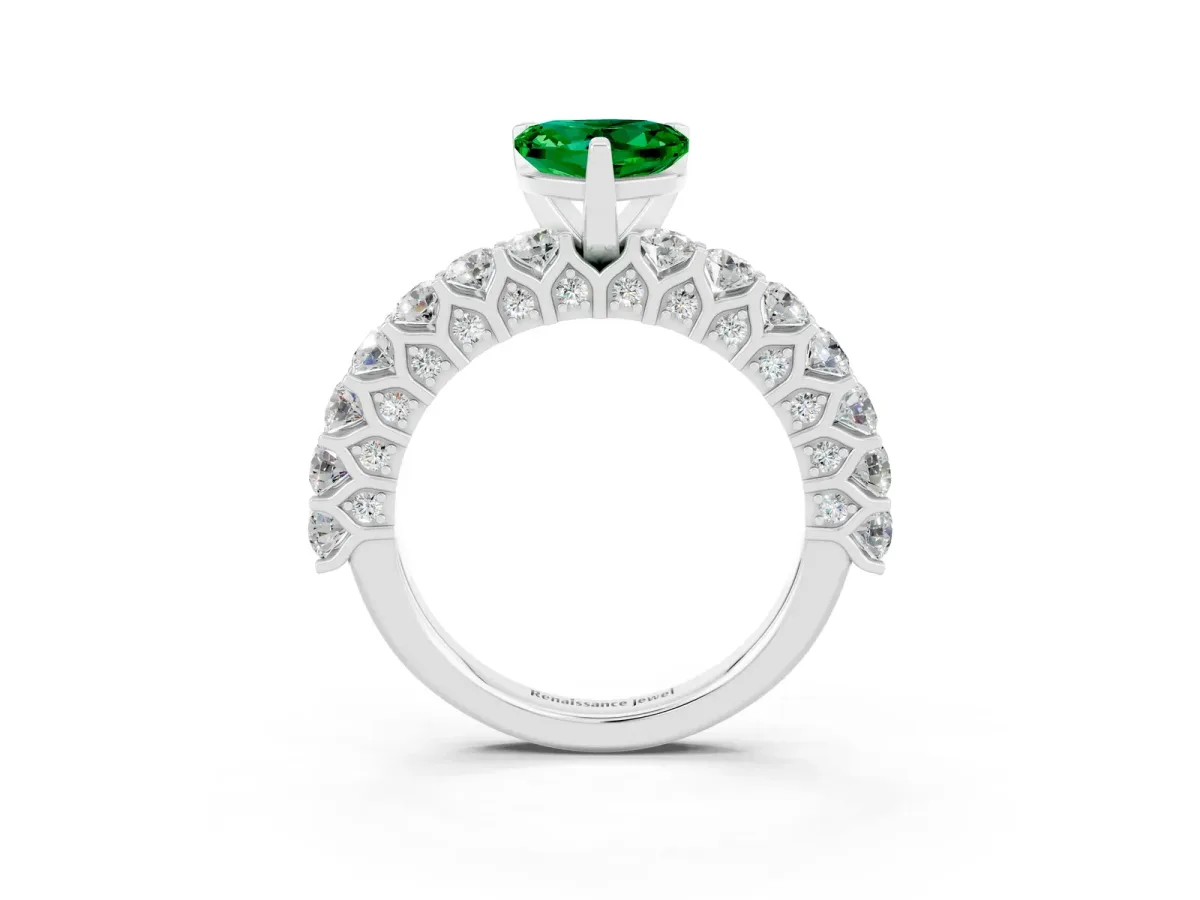 Heart Cut Emerald Solitaire Ring with Shared Prong Pavé Band and Four-Prong Setting Silver