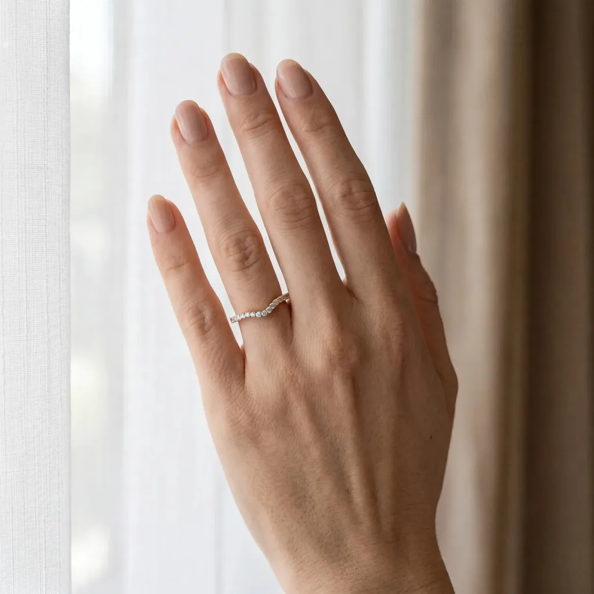 Pavé Round Diamond Curved Wedding Band with Shared Prong Setting Rose gold
