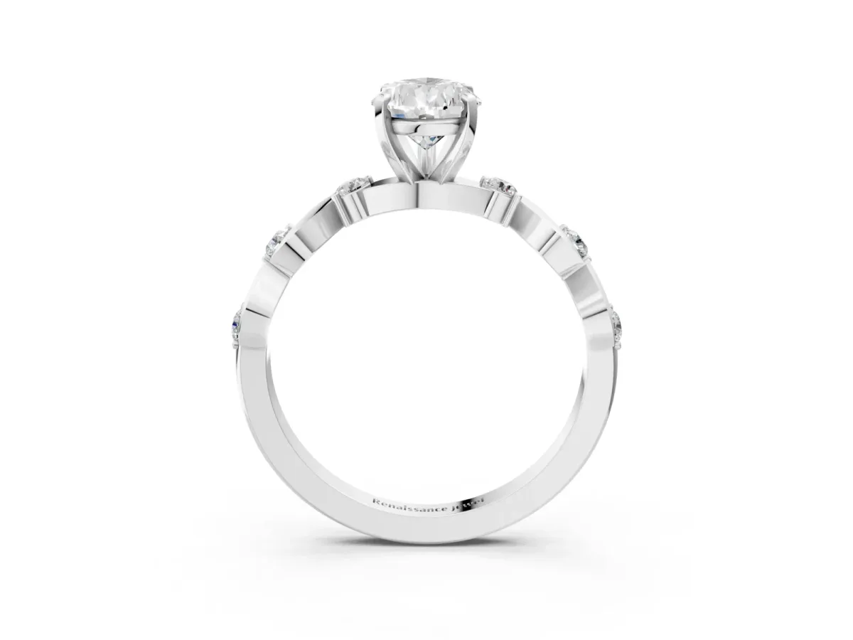 Pear Cut Diamond Solitaire Twisted Band with Round Accents and Prong Setting Silver