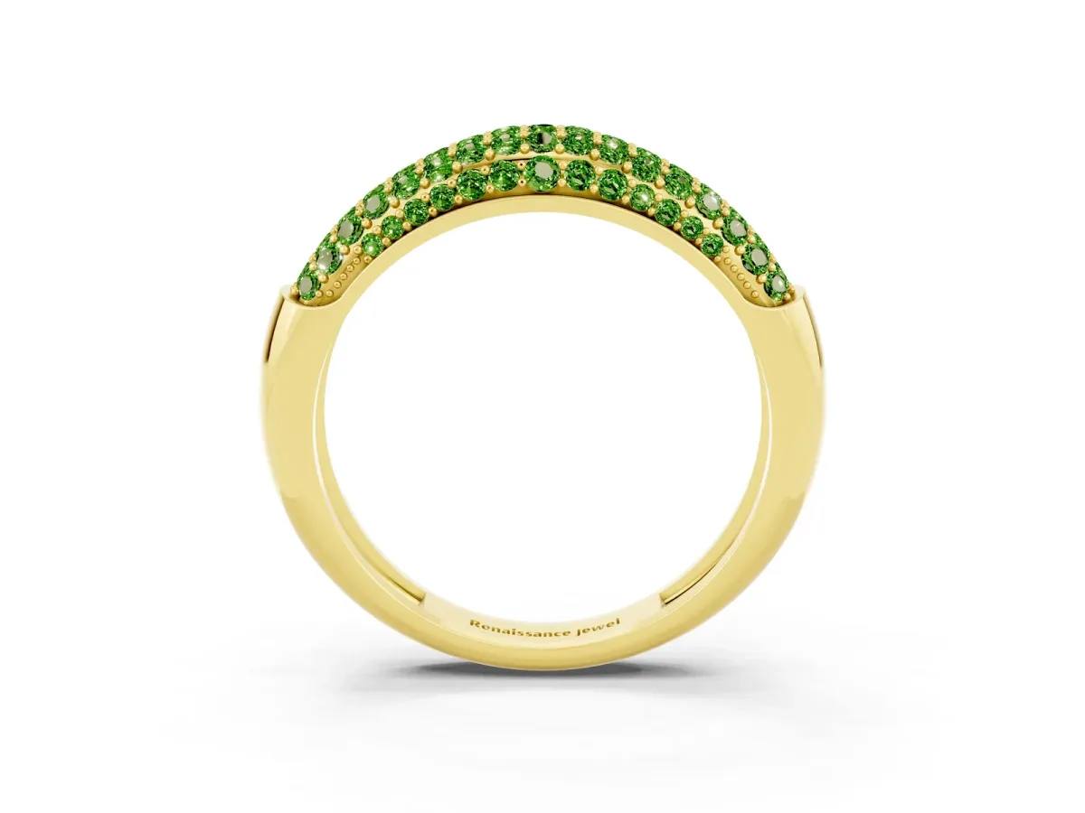 Three-Row Pavé Round Peridot Dome Band Yellow gold