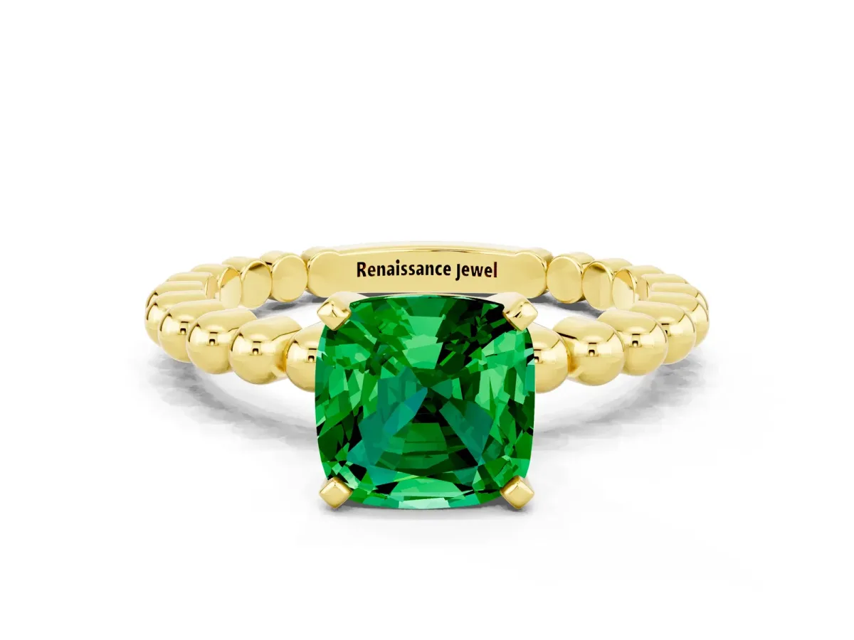 Cushion Cut Emerald Solitaire Ring with Beaded Band and Prong Setting Yellow gold