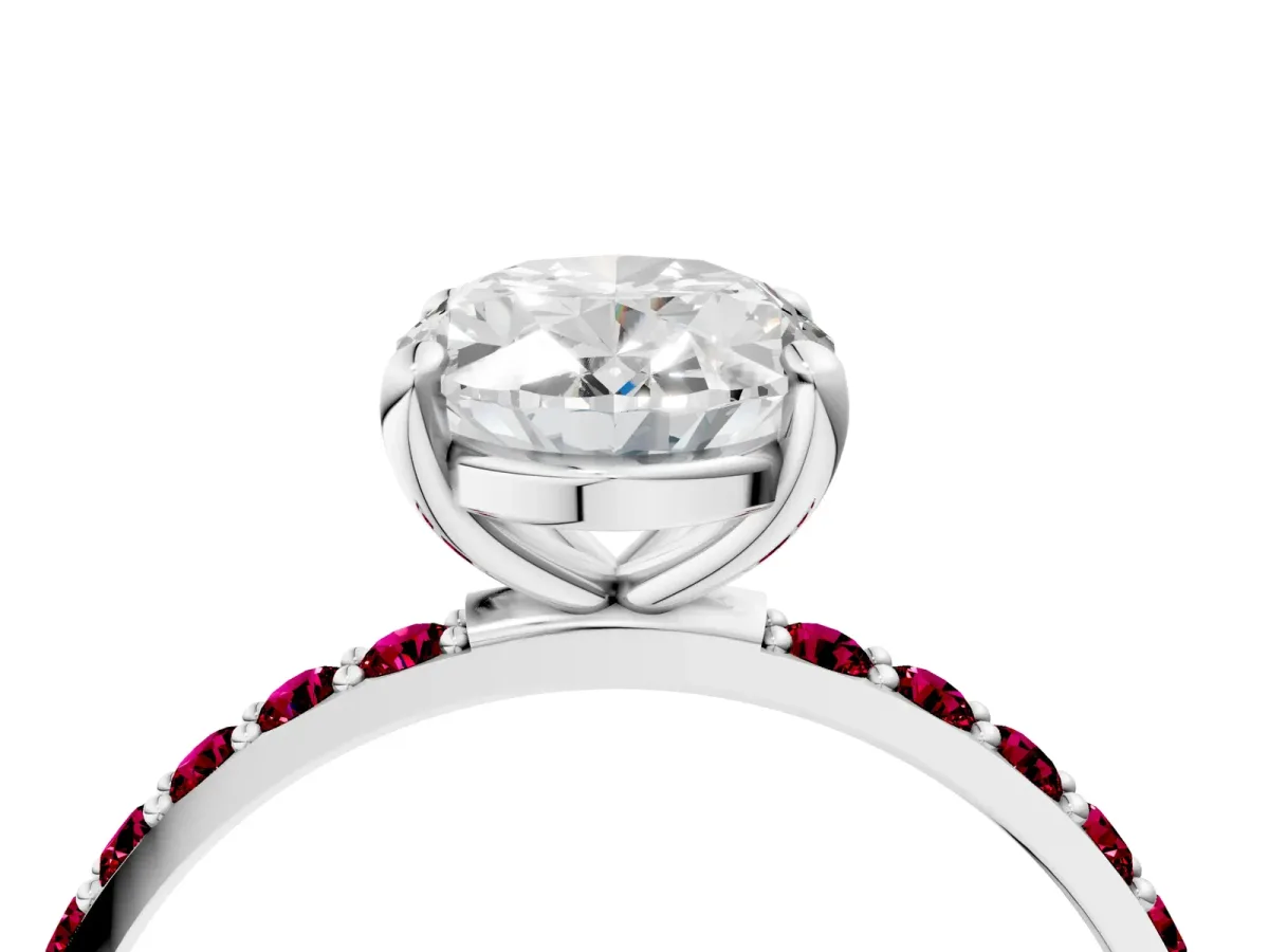 Oval Cut Diamond Solitaire Ring with Round Garnet Pavé Band and Prong Setting Silver