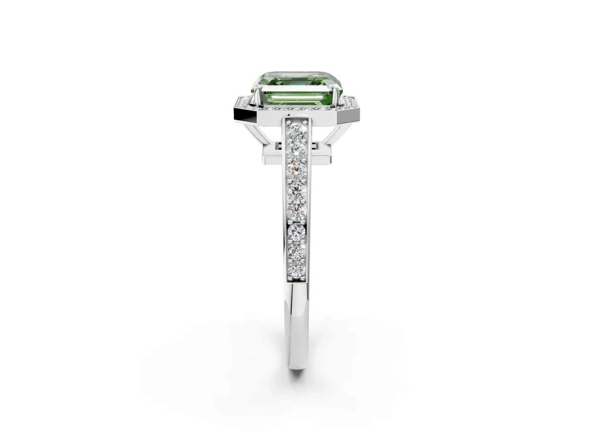 Fancy Green Asscher Cut Halo Pavé Diamond Engagement Ring with Bezel Setting Silver