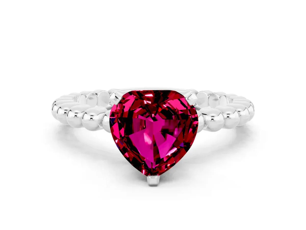 Heart Cut Garnet Solitaire Ring with Beaded Band and Prong Setting Silver