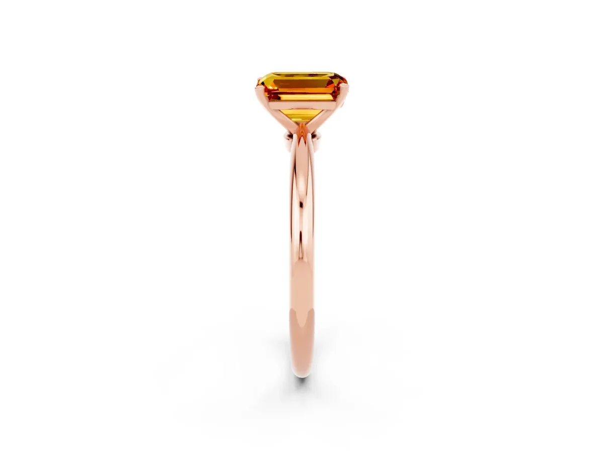 Emerald Cut Citrine Solitaire Ring with Six-Prong Setting and Classic Band Rose gold