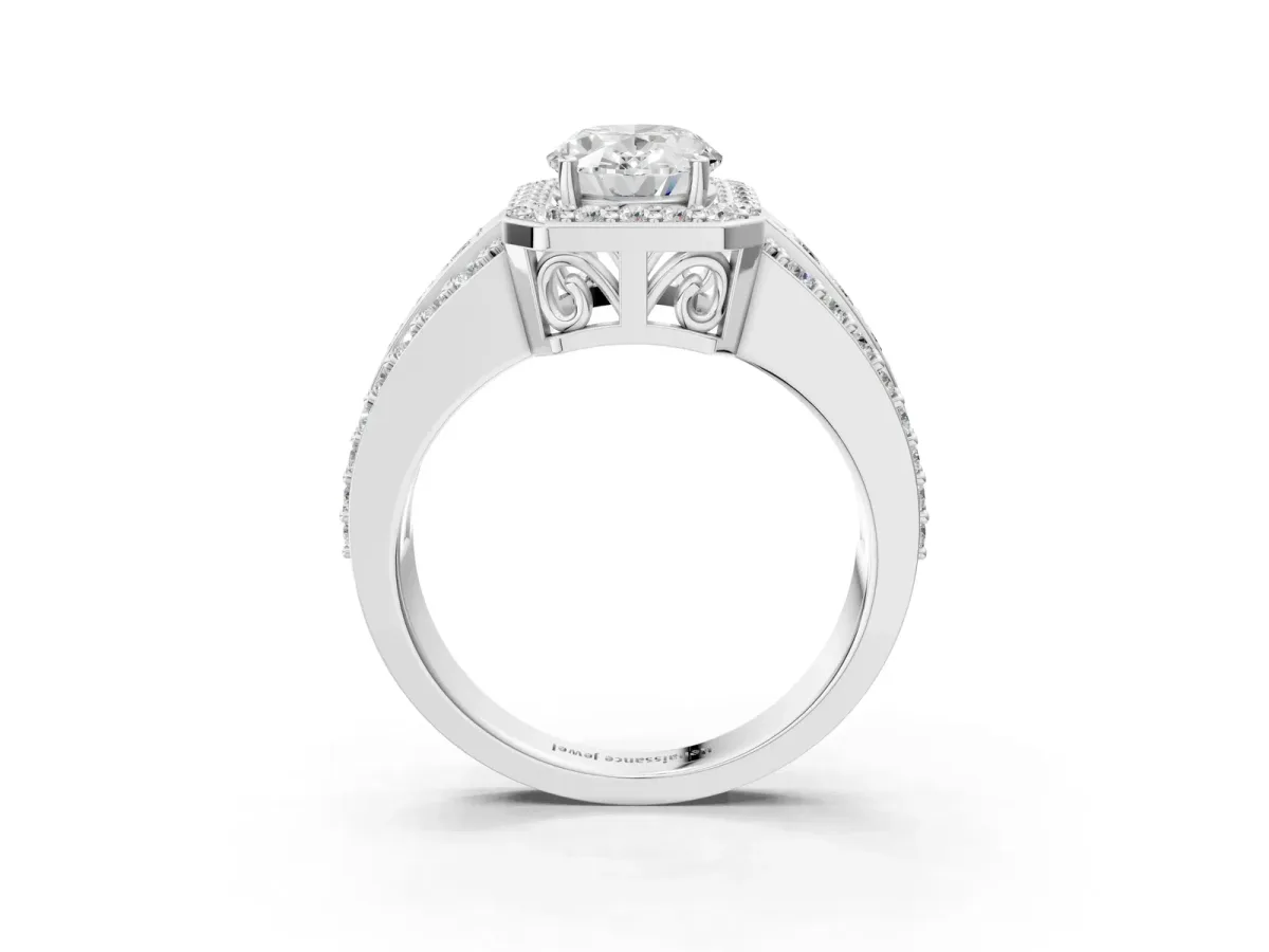 Oval Cut Halo Diamond Ring with Round Split Shank and Prong Setting White gold