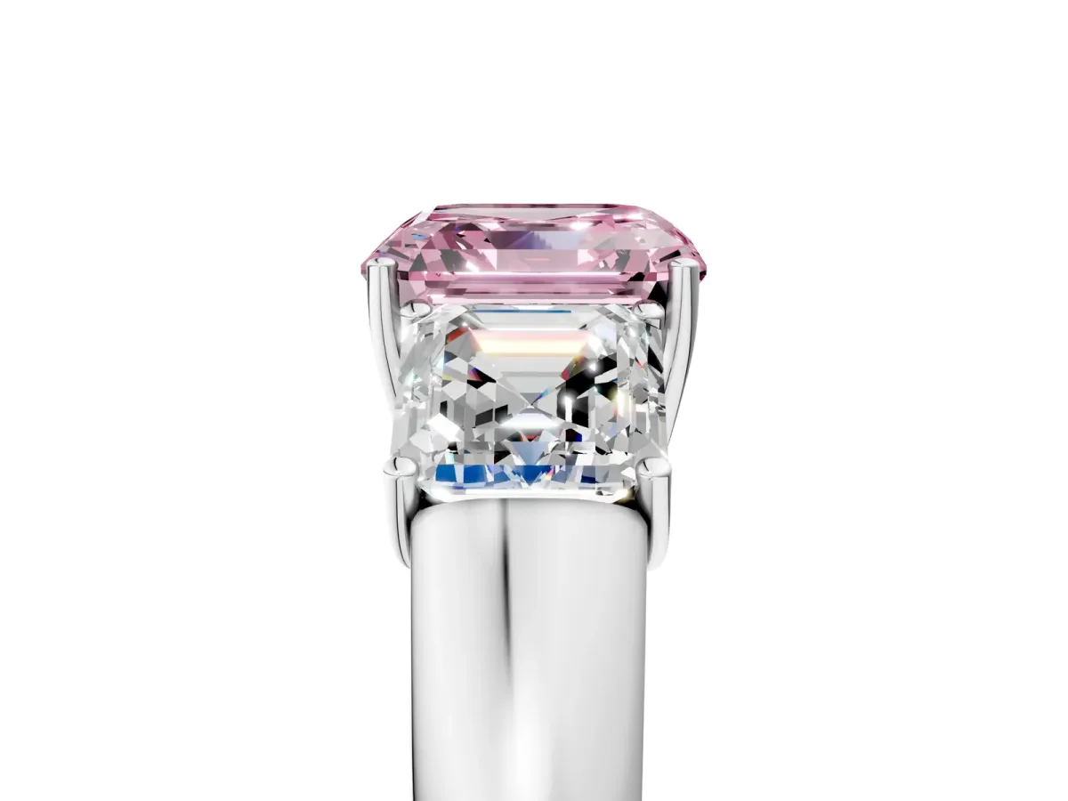 Fancy Pink Three-Stone Asscher Cut Cut Diamond Ring with Prong Setting and Classic Band Platinum