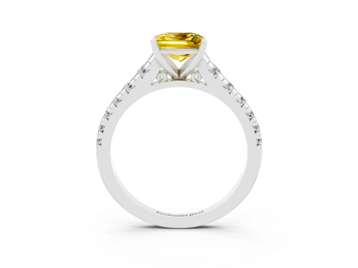 Princess Cut Yellow Sapphire Cathedral Solitaire Ring with Round Pavé Band Silver