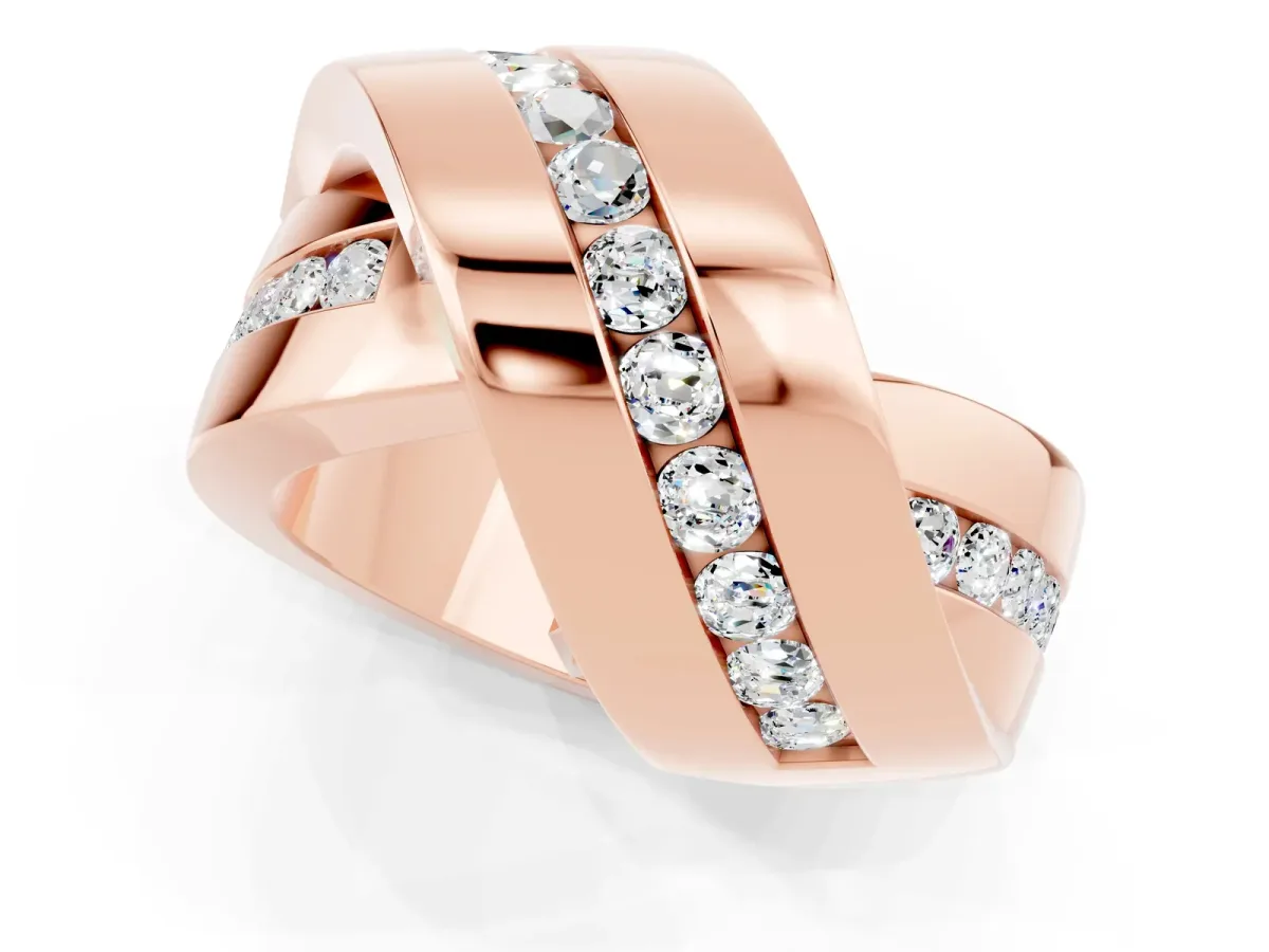 Pavé Round Moissanite Crossover Band with Channel Setting Rose gold