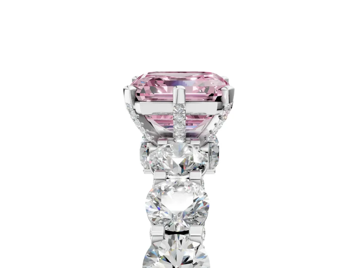 Fancy Pink Asscher Cut Diamond Side Stone Engagement Ring with Four-Prong Setting Silver