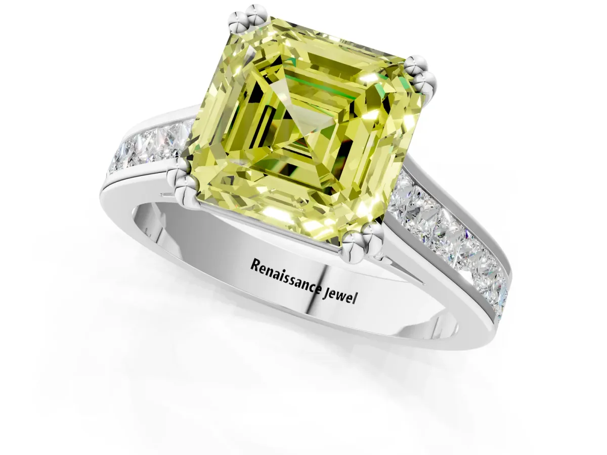 Fancy Yellow Asscher Cut Cut Channel Set Solitaire Engagement Ring with Prong Setting Platinum