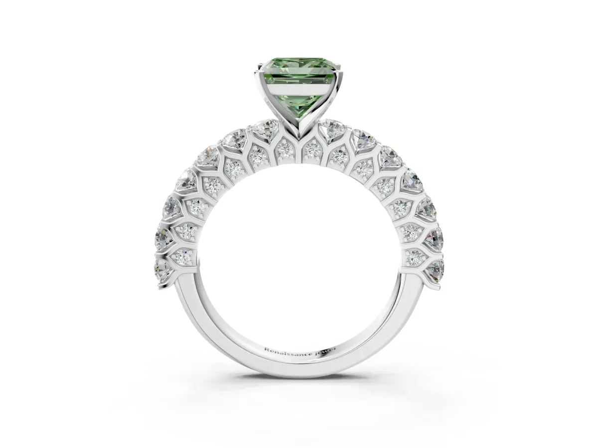 Fancy Green Princess Cut Diamond Solitaire Ring with Shared Prong Pavé Band and Four-Prong Setting Silver