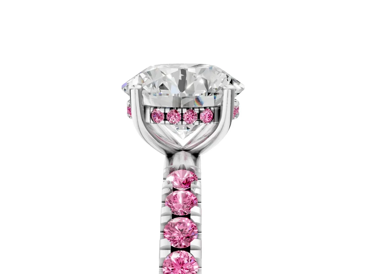 Round Cut Diamond Pave Band Solitaire Ring with Round Pink Sapphire and Prong Setting Silver