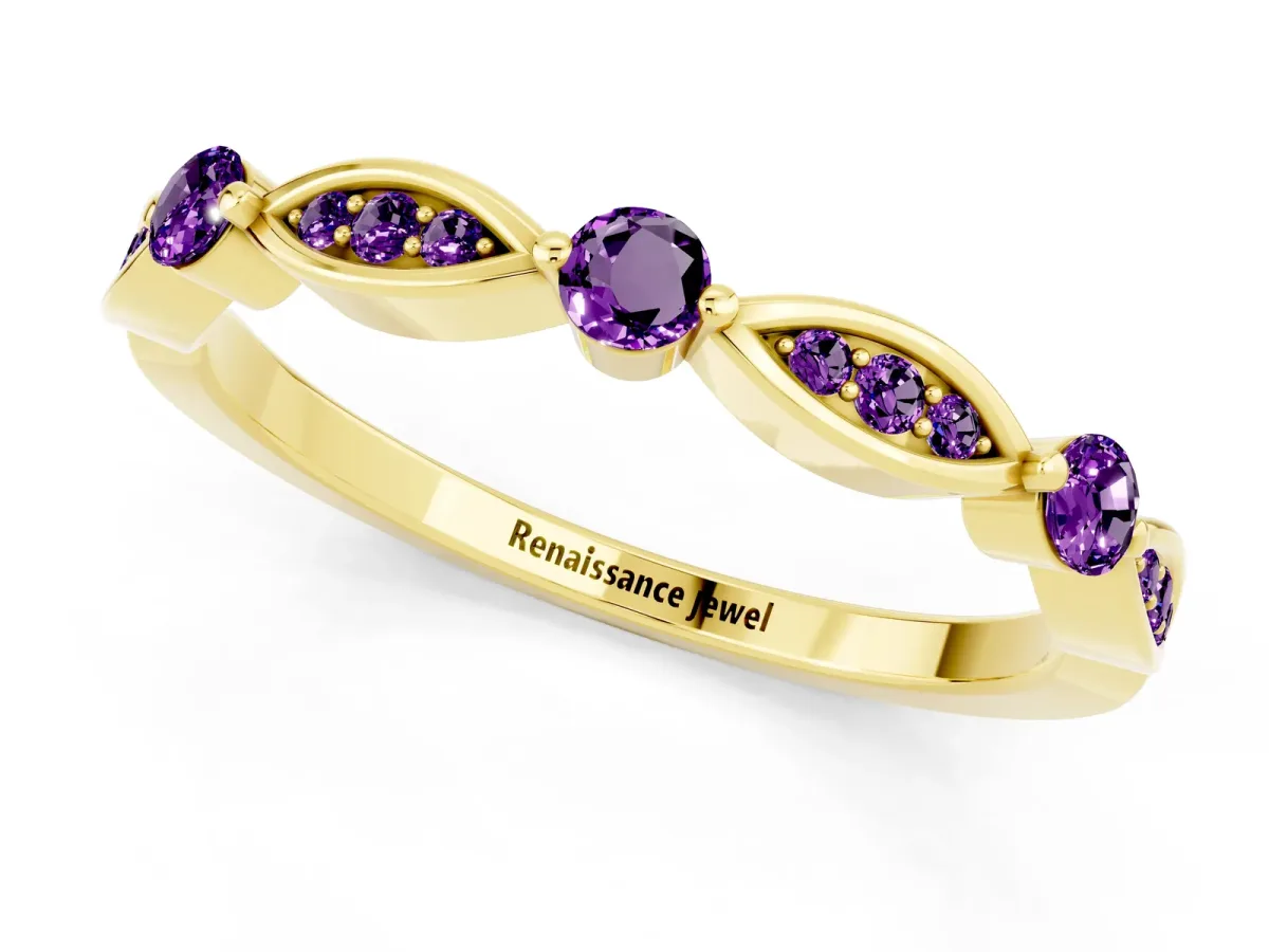 Marquise and Round Amethyst Milgrain Band with Bezel Setting Yellow gold