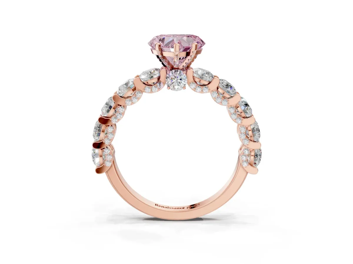 Fancy Pink Heart Cut Diamond Side Stone Engagement Ring with Four-Prong Setting Rose gold