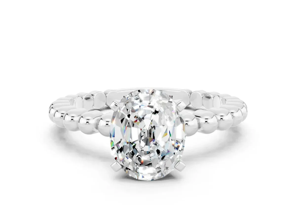 Oval Cut Moissanite Solitaire Ring with Beaded Band and Prong Setting Silver