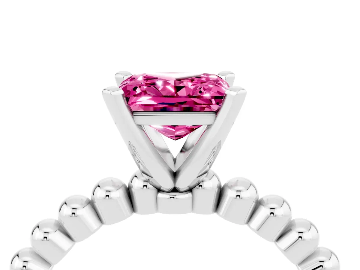 Princess Cut Pink Sapphire Solitaire Ring with Beaded Band and Prong Setting Silver