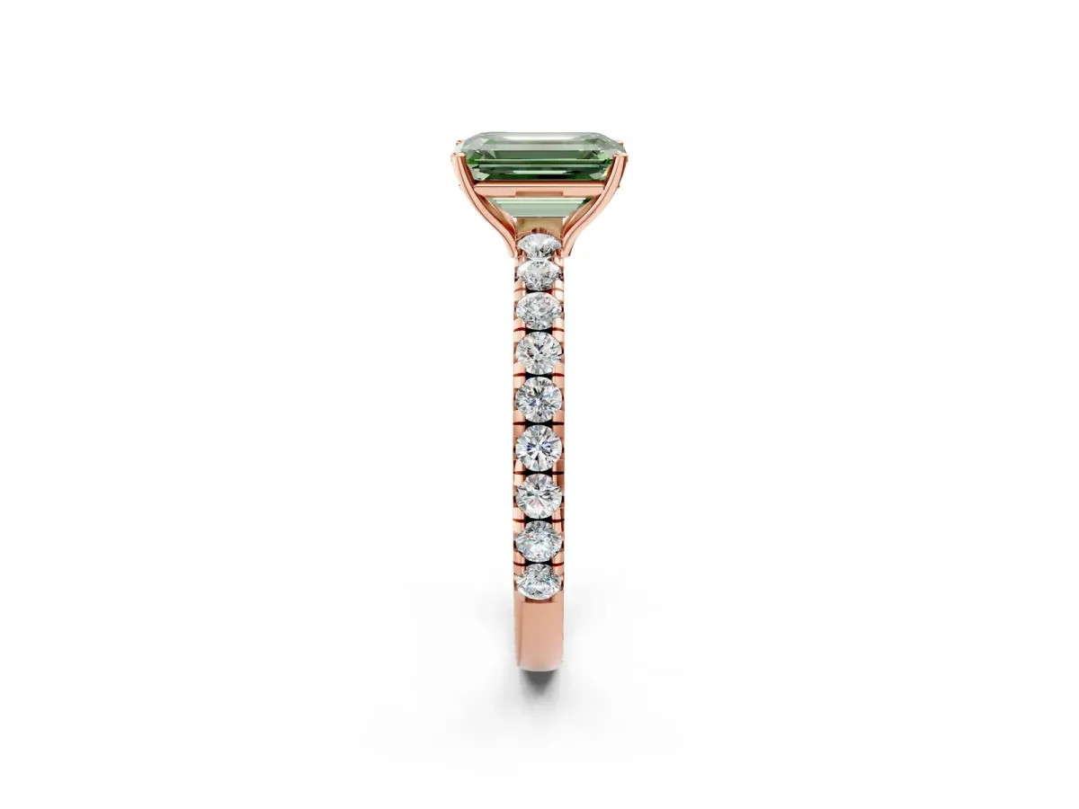 Fancy Green Emerald Cut Diamond Pavé Solitaire Engagement Ring with Four-Prong Setting Rose gold
