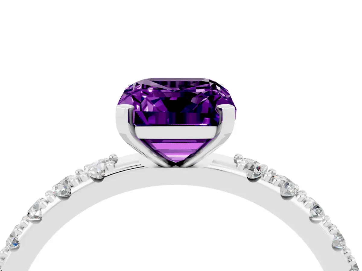 Emerald Cut Amethyst Solitaire Pavé Band with Four-Prong Setting Platinum
