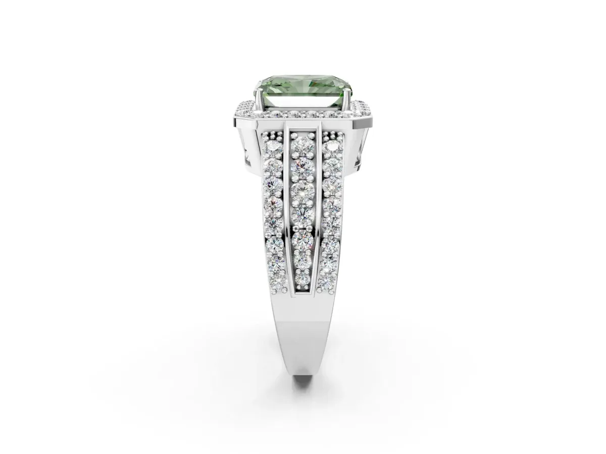 Fancy Green Radiant Cut Halo Diamond Ring with Round Split Shank and Prong Setting Silver