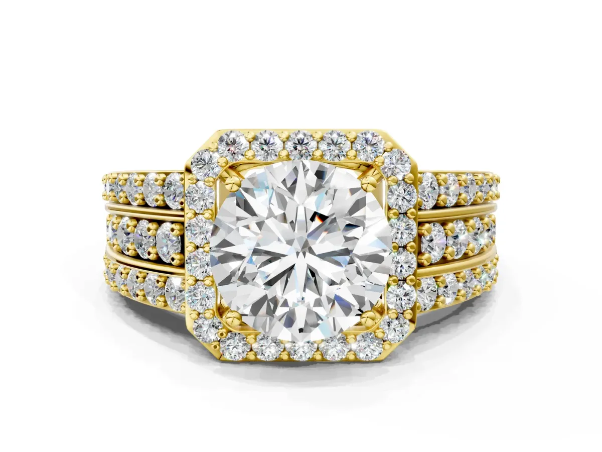 Round Cut Halo Diamond Ring with Round Split Shank and Prong Setting Yellow gold