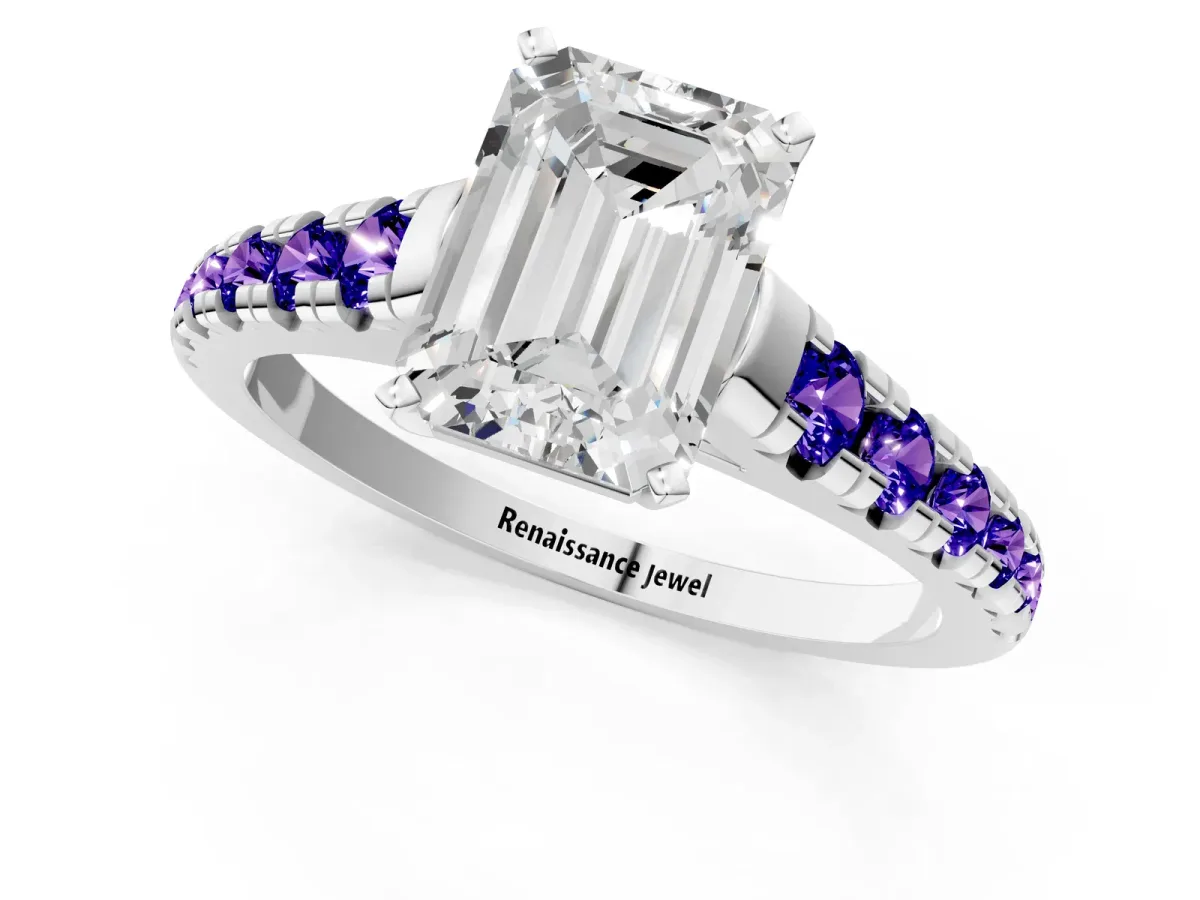 Emerald Cut Diamond Cathedral Solitaire Ring with Round Tanzanite Pavé Band Silver