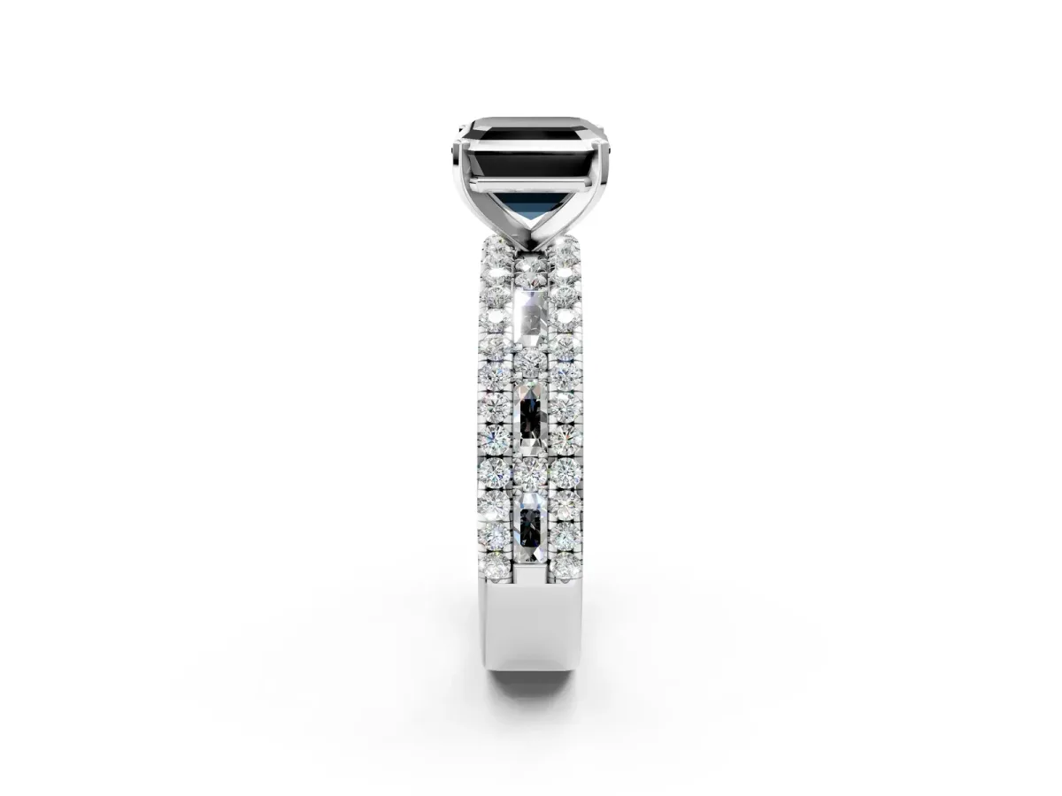 Fancy Black Asscher Cut Diamond Solitaire Ring with Pavé and Channel Set Band Platinum