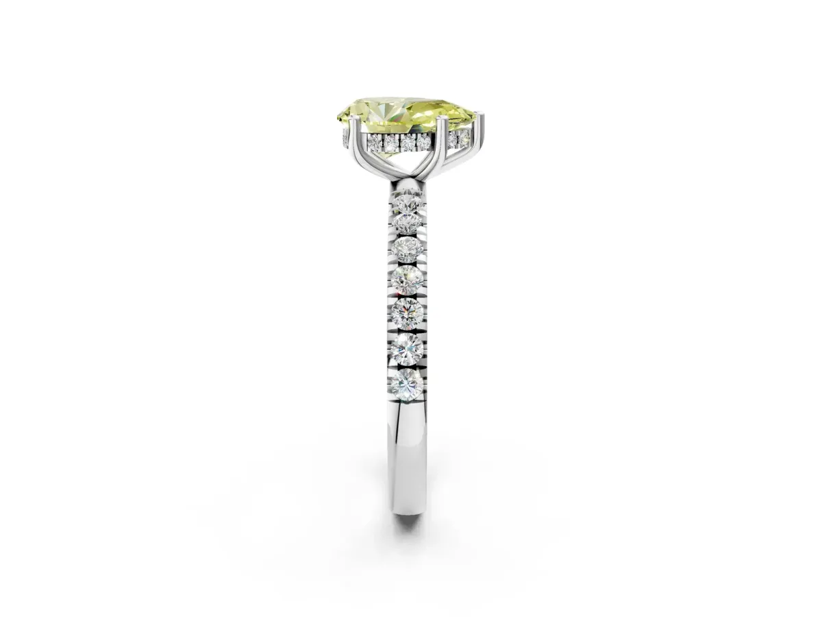 Fancy Yellow Pear Cut Diamond Pave Band Solitaire Ring with Round and Prong Setting Platinum