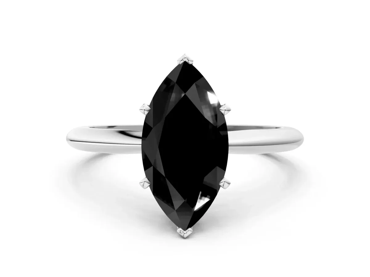 Fancy Black Marquise Cut Diamond Solitaire Engagement Ring with Classic Band and Four-Prong Setting Silver