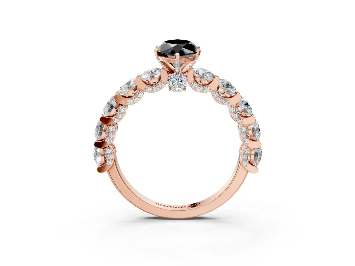 Fancy Black Marquise Cut Diamond Side Stone Engagement Ring with Four-Prong Setting Rose gold