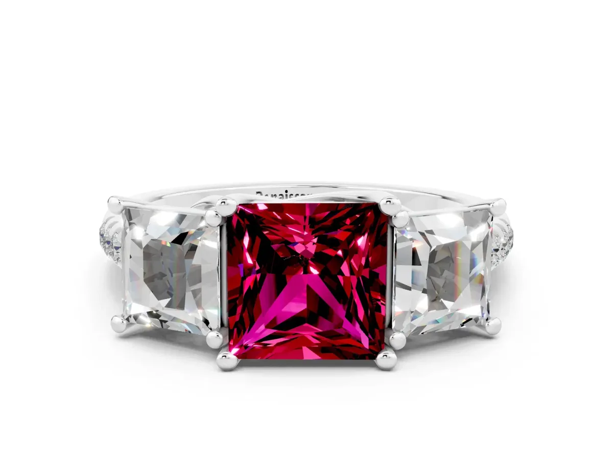 Three-Stone Princess Cut Garnet Ring with Round Pavé Band and Prong Setting Silver