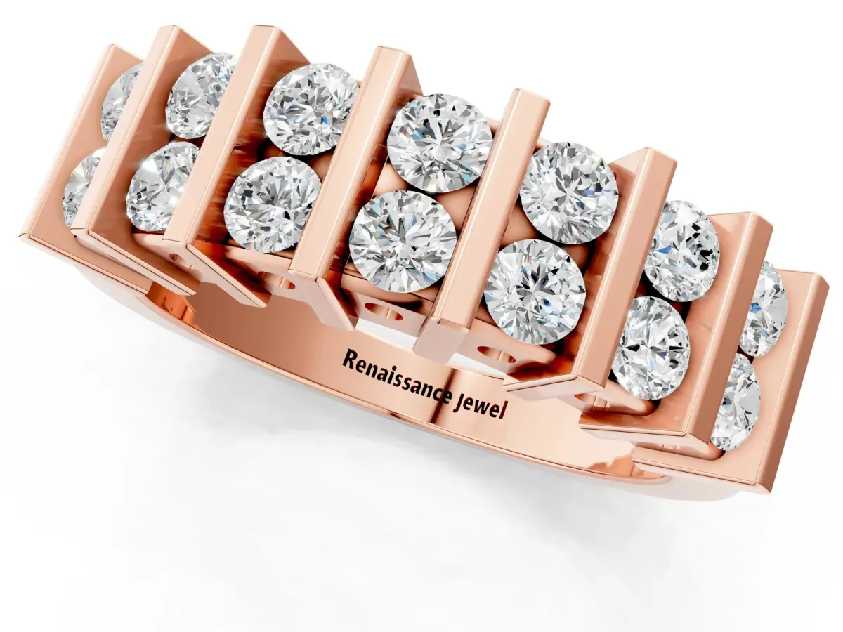 Channel Set Round Diamond Step Band with Bar Prong Setting Rose gold