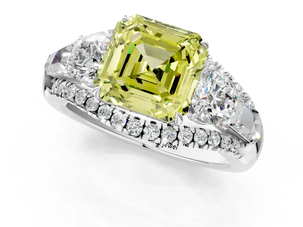 Fancy Yellow Three-Stone Asscher Cut Diamond Engagement Ring with Pave Band and Prong Setting Platinum