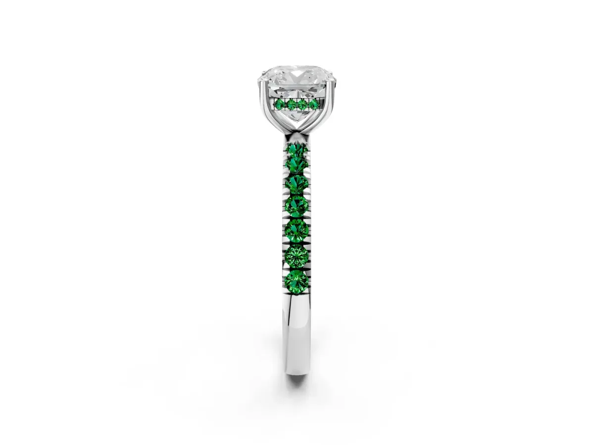 Cushion Cut Diamond Pave Band Solitaire Ring with Round Emerald and Prong Setting Platinum