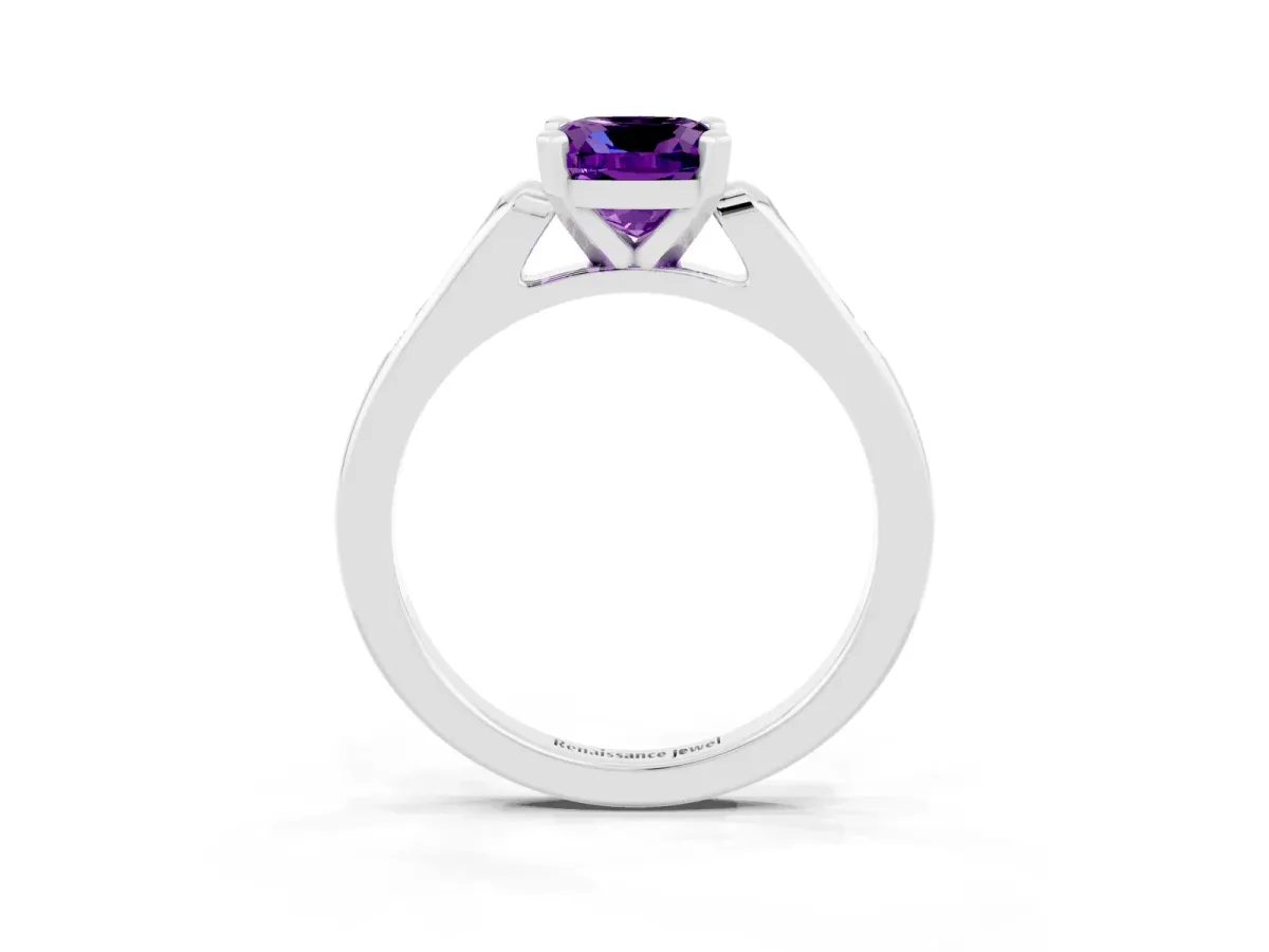 Cushion Cut Amethyst Solitaire Ring with Channel Set Round Band and Prong Setting Silver